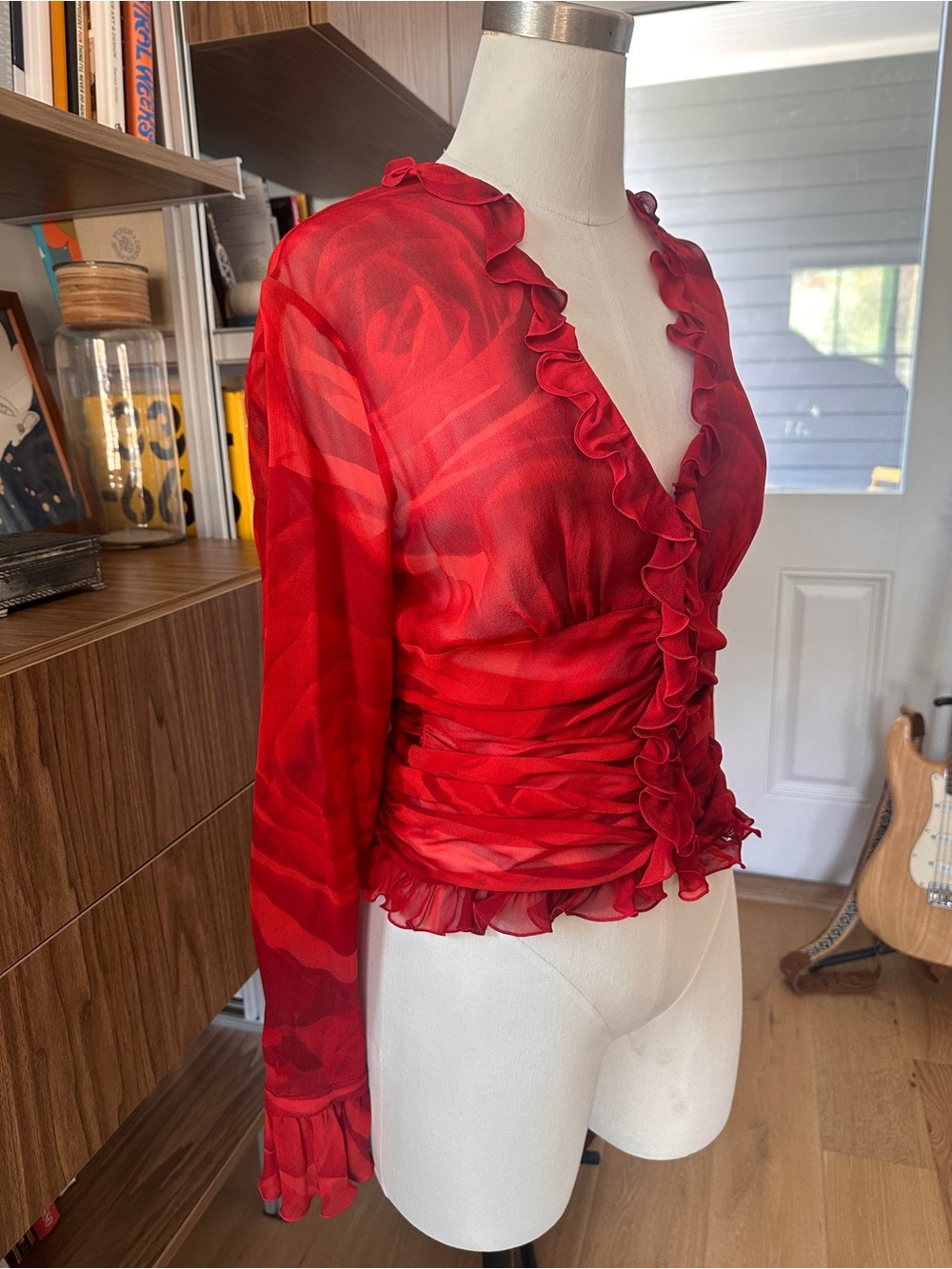 Escada Silk Sheer Ruched Ruffle Blouse Red Y2K Top XS/S - Picture 2 of 10